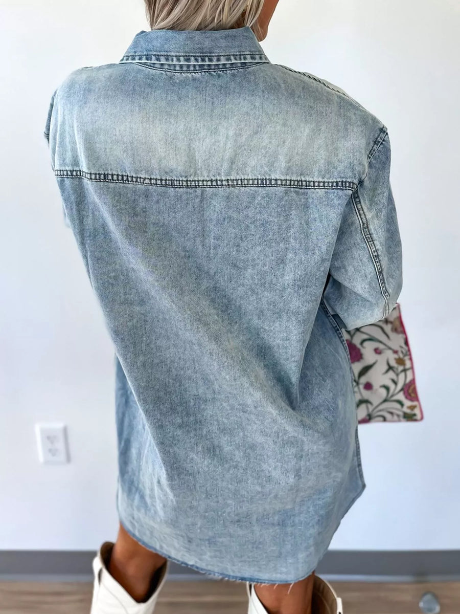 Chest Pocket Raw Hem Denim Loose Shirt Dress