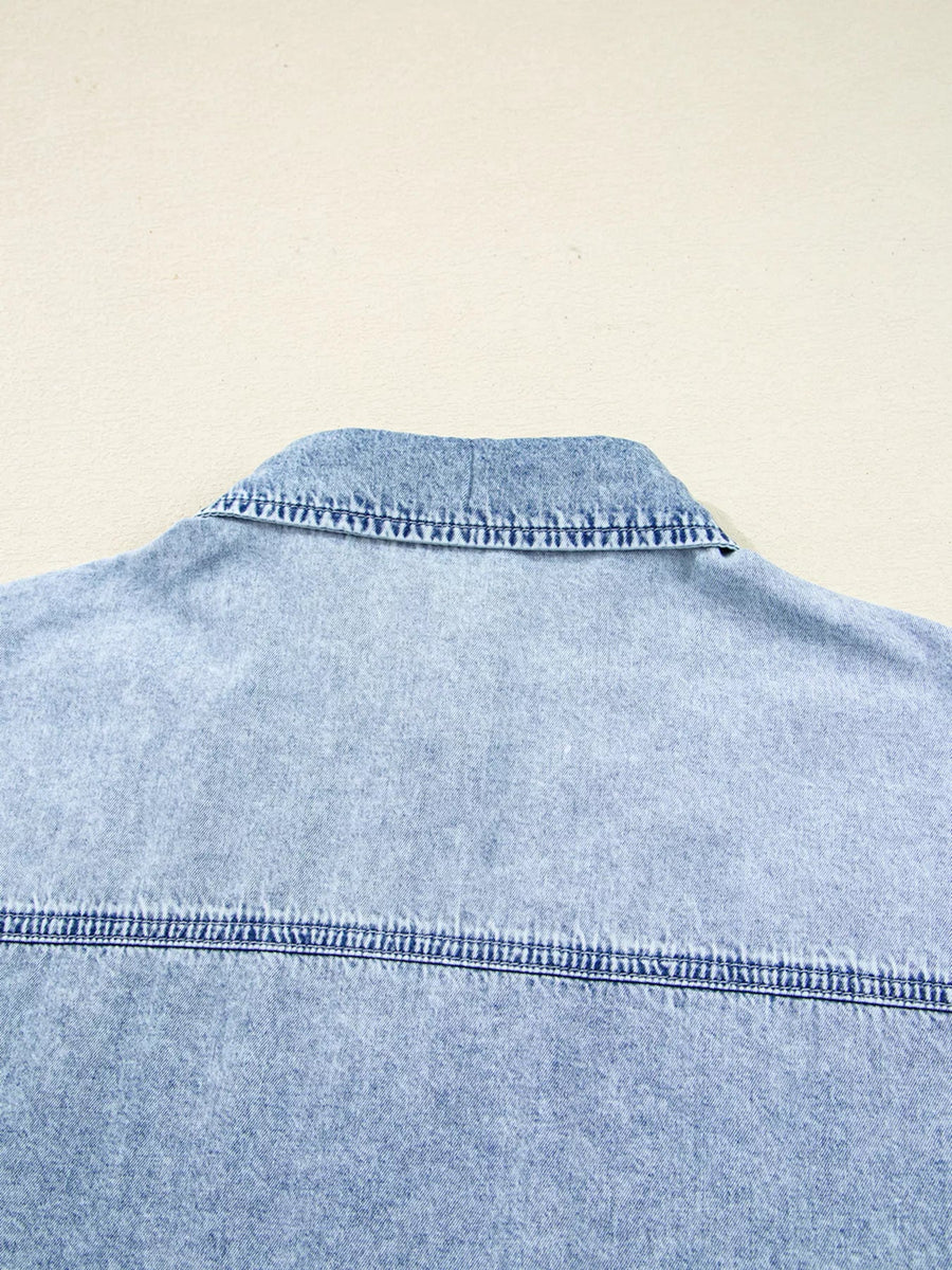 Chest Pocket Raw Hem Denim Loose Shirt Dress