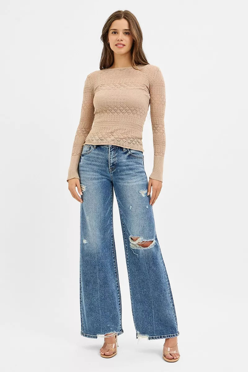 RISEN Tummy Control Mid Rise Fit Wide Jeans