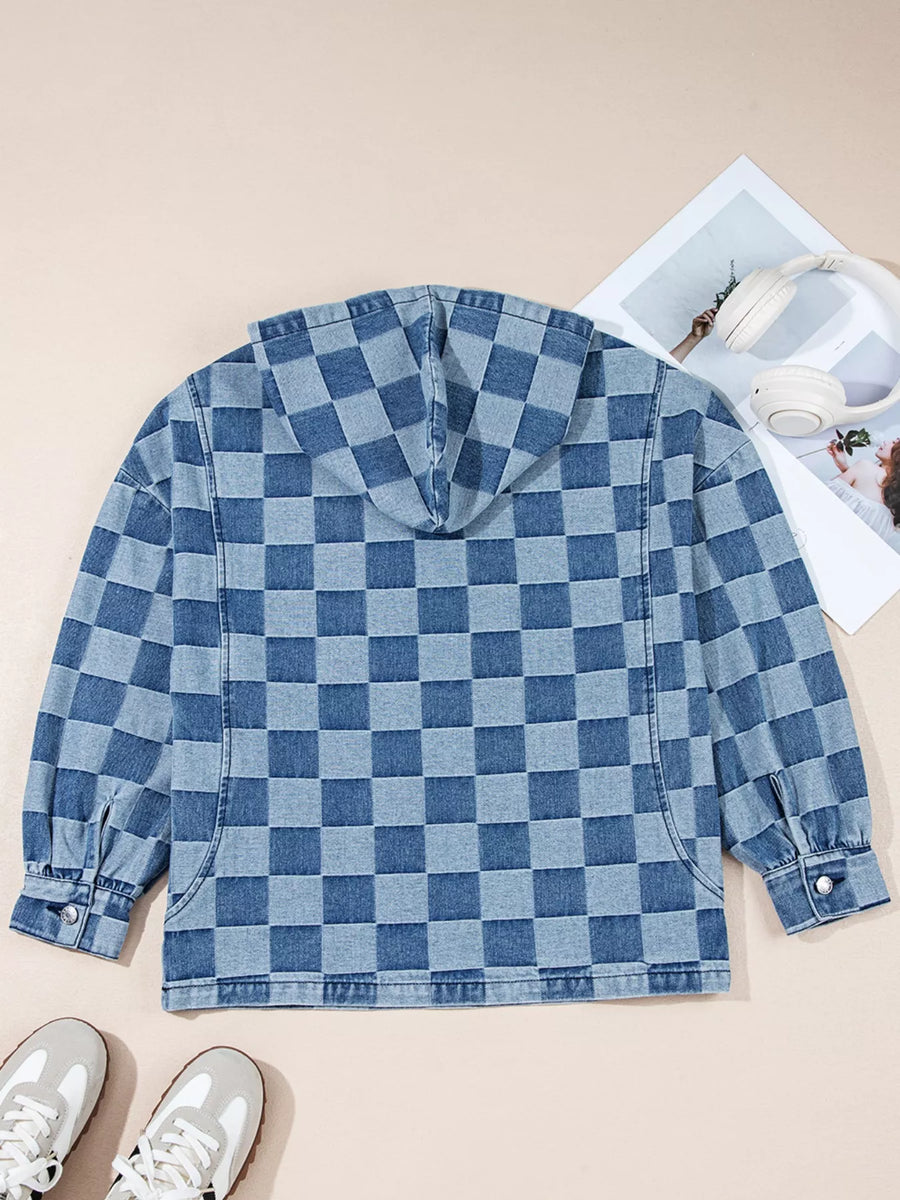 Checkered Half Zip Denim Hoodie Top