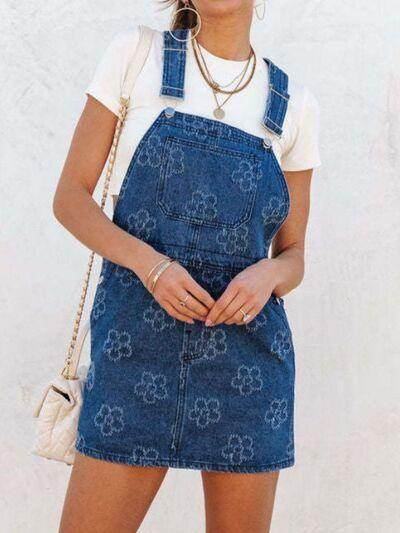 Flower Wide Strap Denim Overall Dress with Pockets for Women