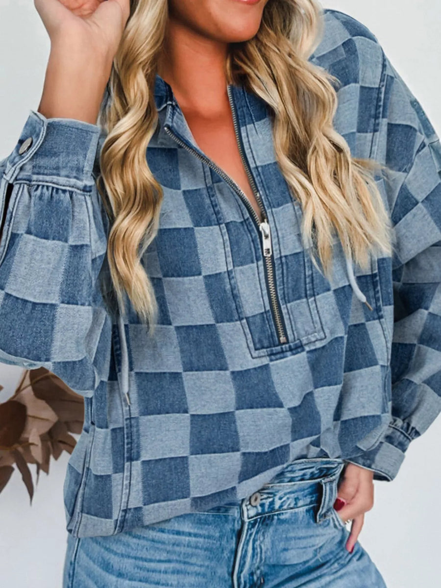 Checkered Half Zip Denim Hoodie Top