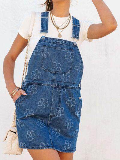 Flower Wide Strap Denim Overall Dress with Pockets for Women
