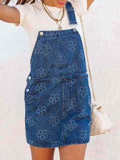 Flower Wide Strap Denim Overall Dress with Pockets for Women