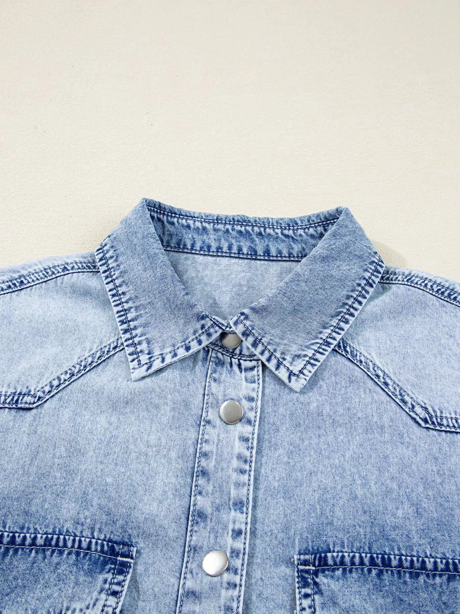 Chest Pocket Raw Hem Denim Loose Shirt Dress