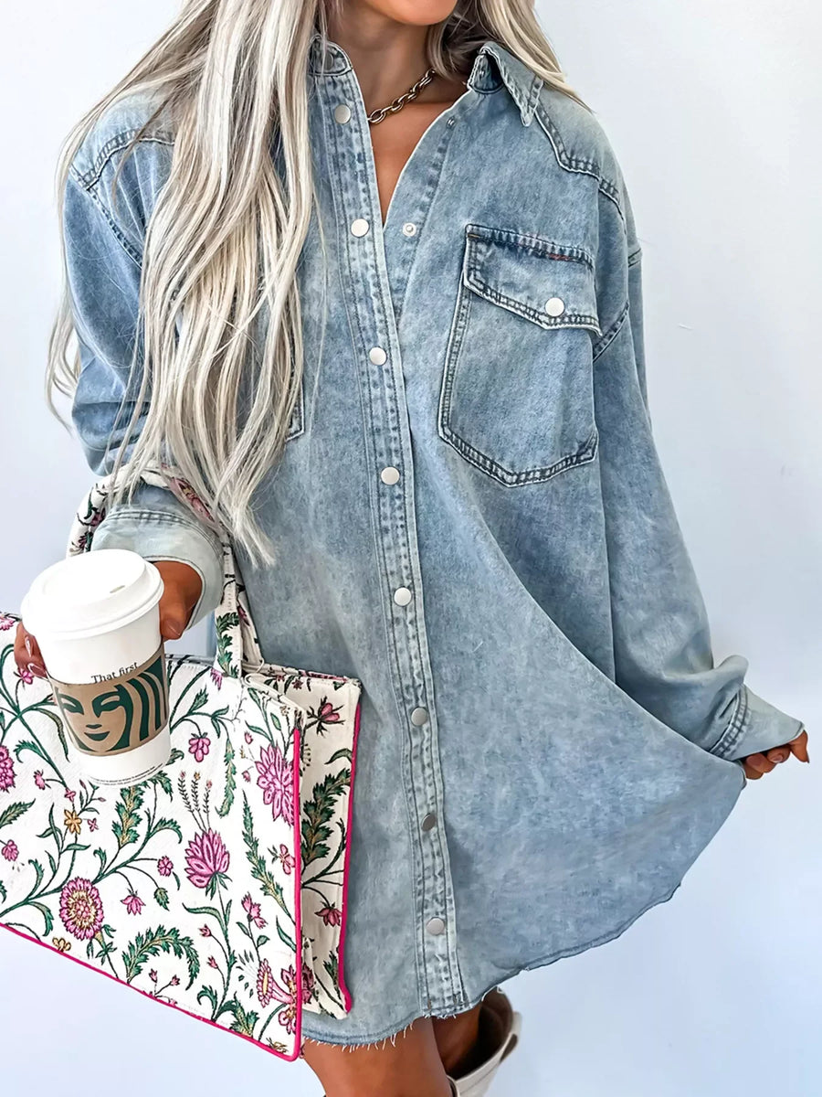 Chest Pocket Raw Hem Denim Loose Shirt Dress