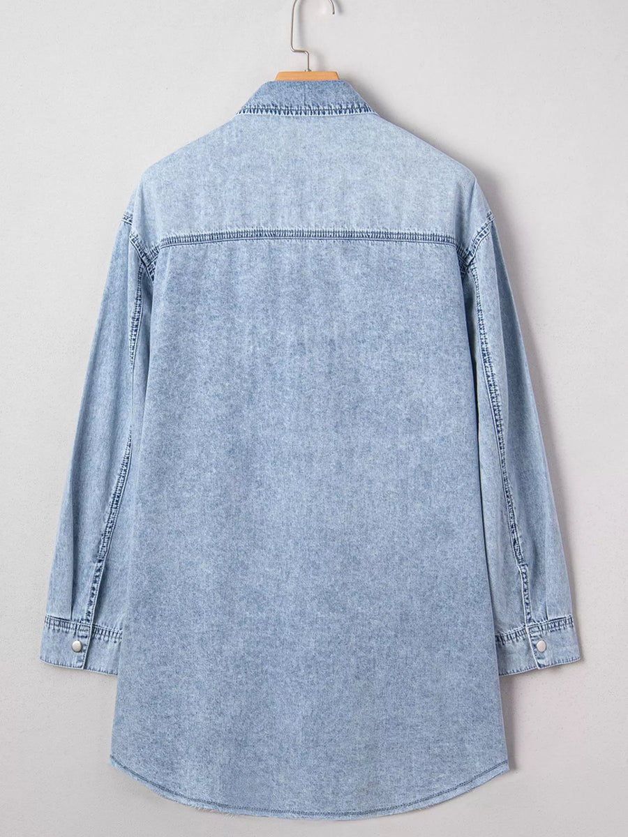 Chest Pocket Raw Hem Denim Loose Shirt Dress