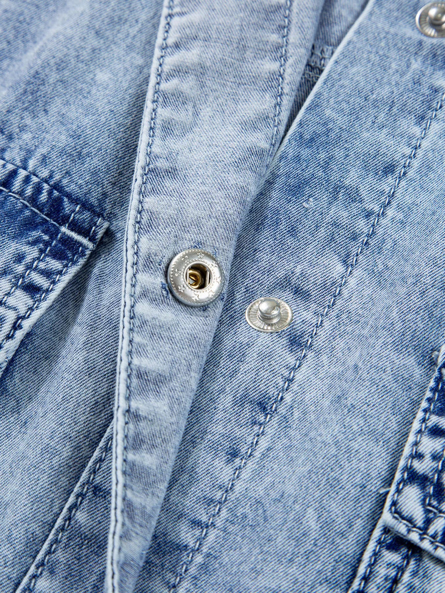 Chest Pocket Raw Hem Denim Loose Shirt Dress