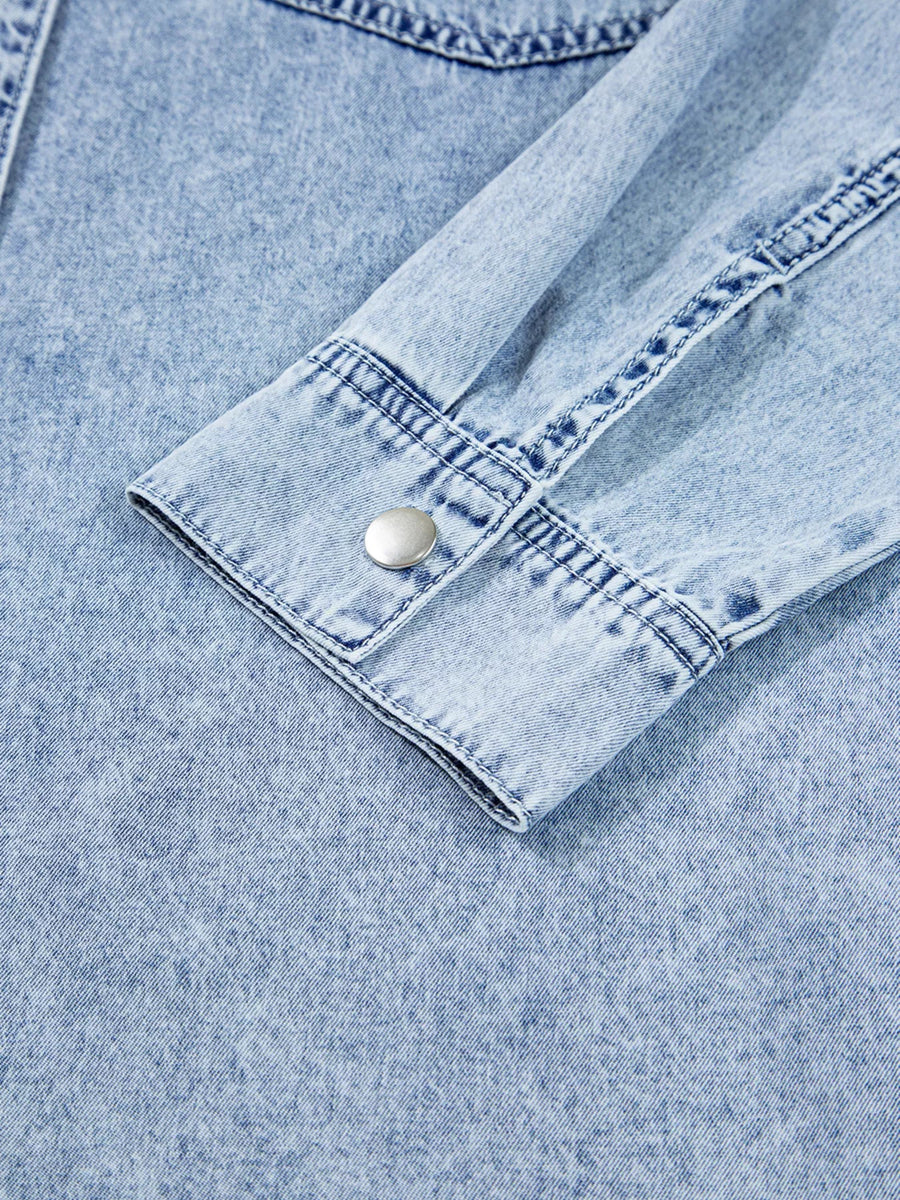 Chest Pocket Raw Hem Denim Loose Shirt Dress